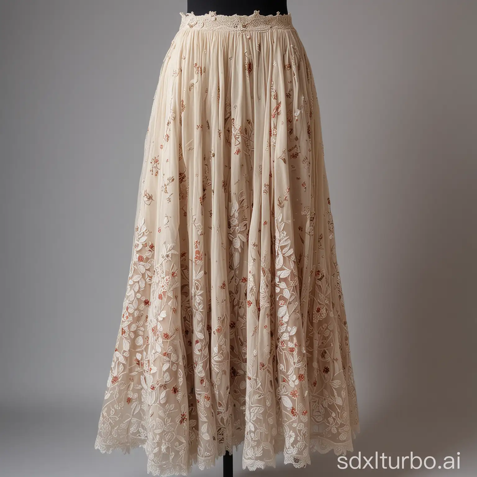 A long, flowing skirt made of a soft, lightweight fabric is draped over a mannequin. The skirt has a beautiful pattern and is embellished with delicate lace.