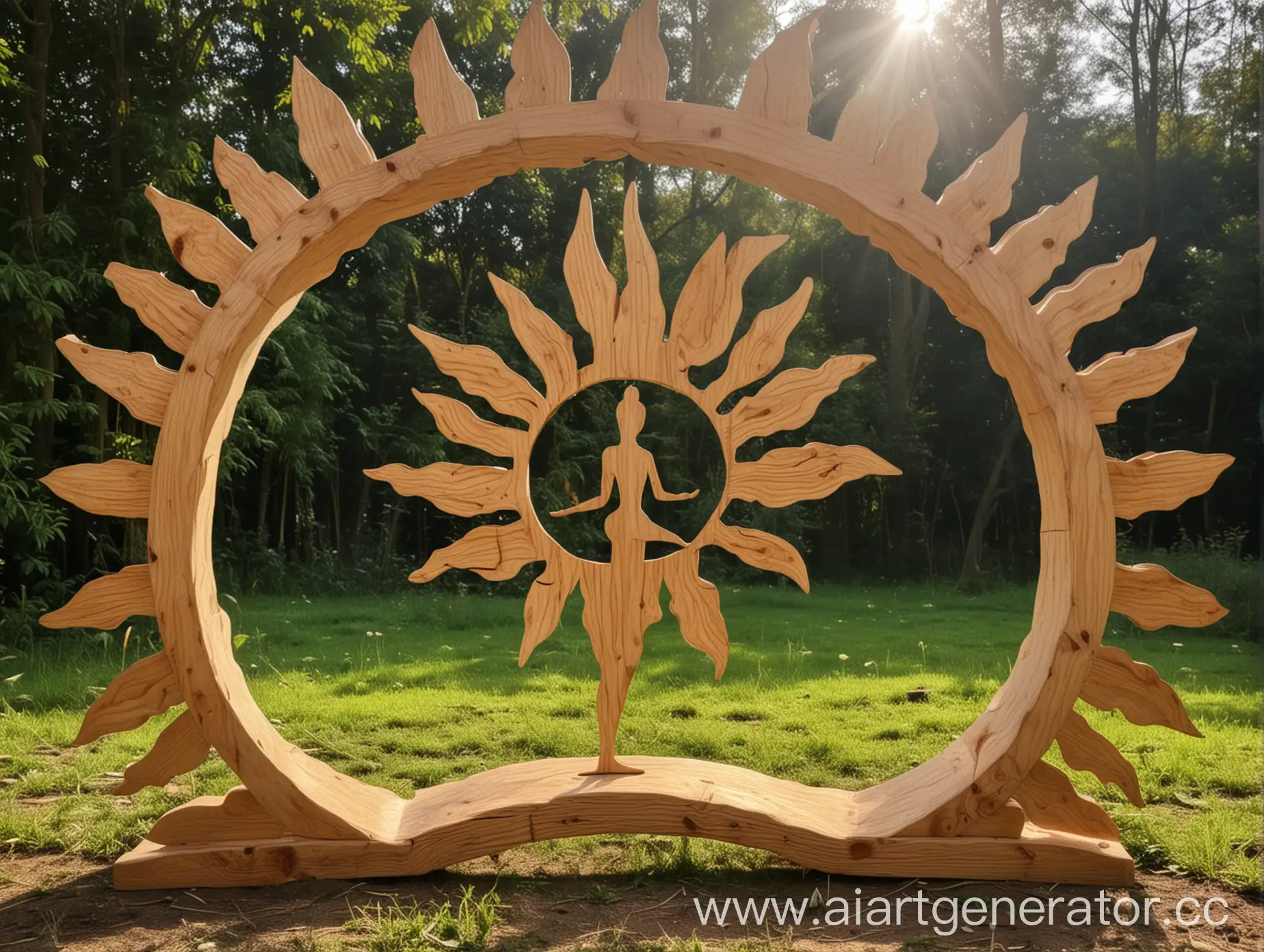 арка из дерева в видео солнца 3 метра. по середине посадить  человека в позе для йоги