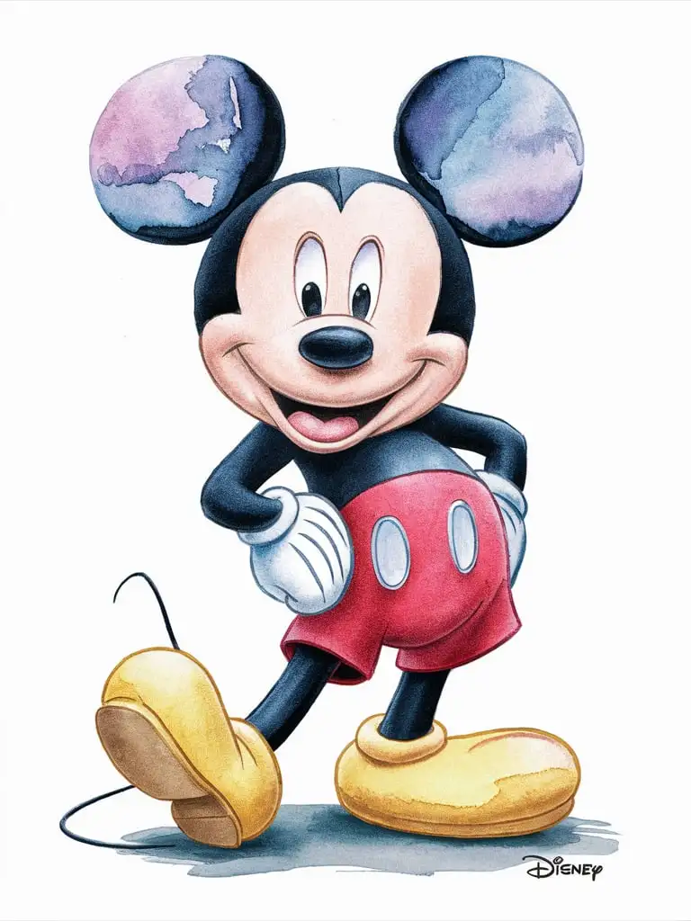  pencil drawing, watercolor, Mickey Mouse, white background