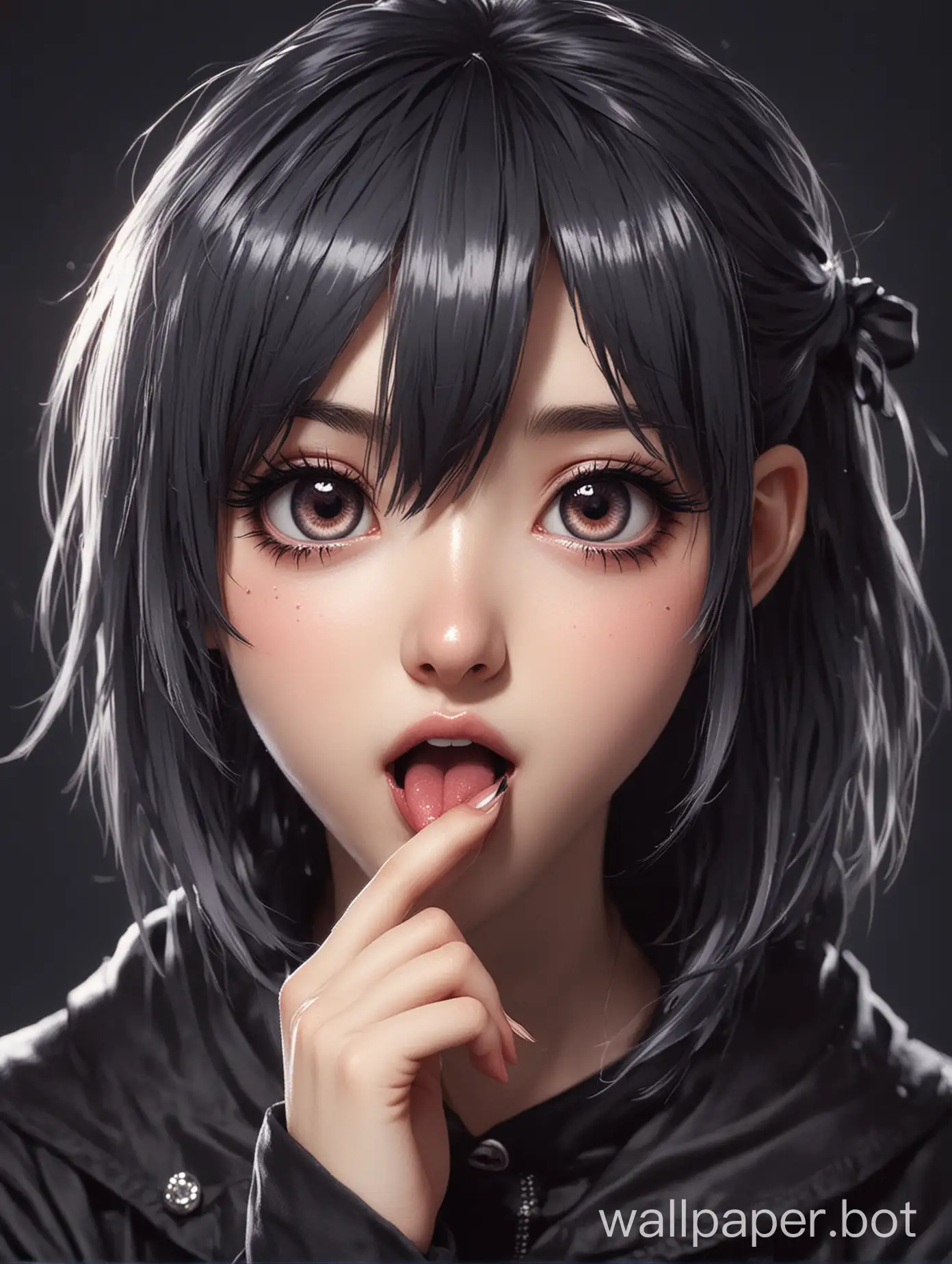 Make a cute anime girl with small tongue out and abit gothand hand at cheek