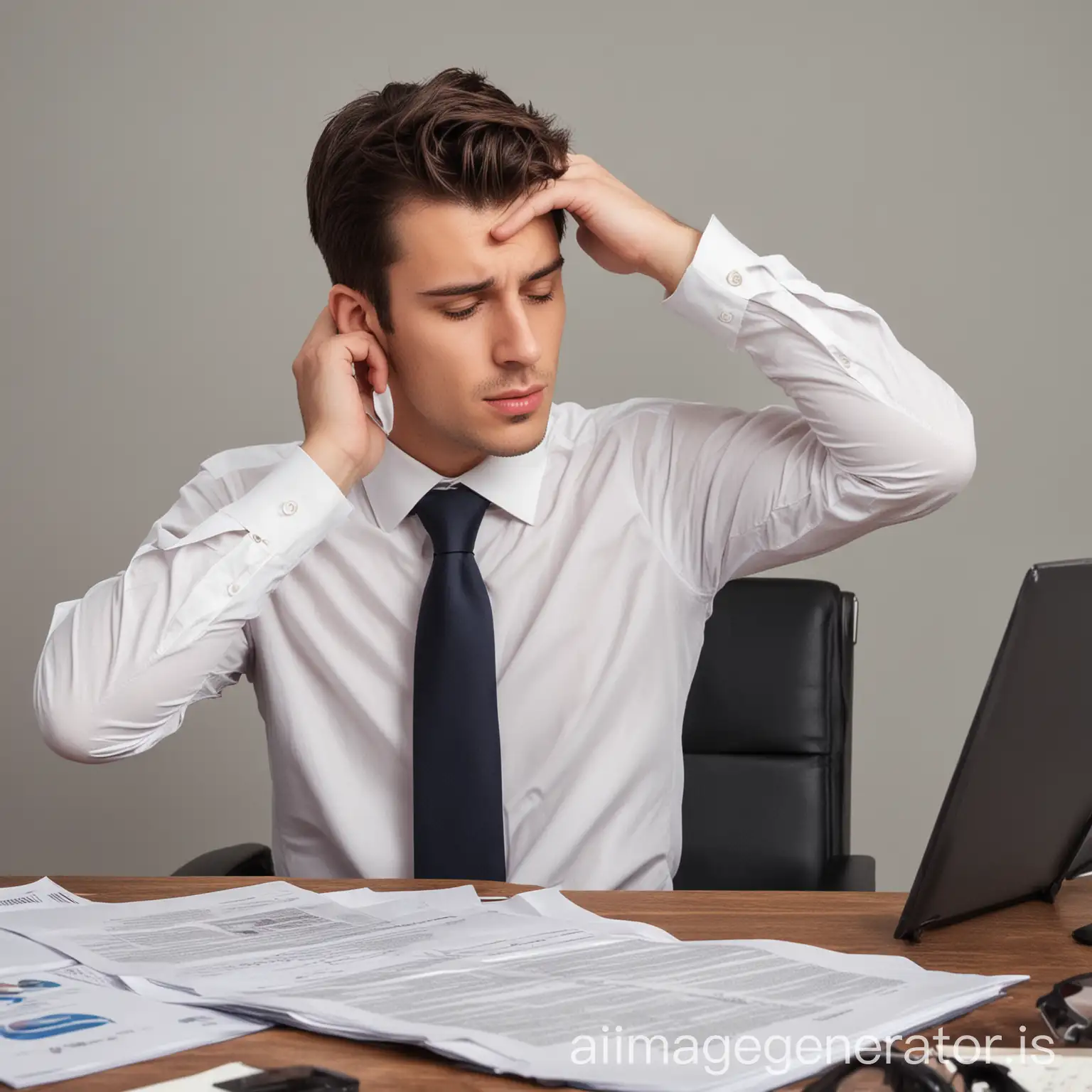 A young business man scratching his head while reviewing a thick document.
