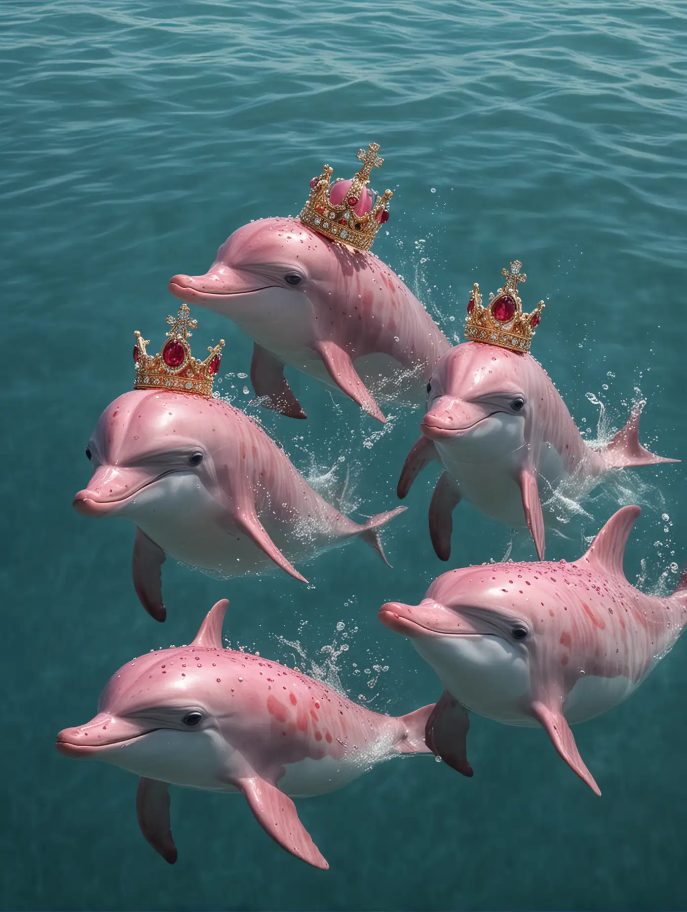 Shiny Family of Small Pink Dolphins with Diamond and Ruby Gold Crowns Swimming Alone Underwater