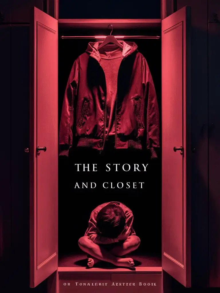 The cover of a book is a jacket hanging in an open closet. Inside this open closet there is a child sitting with his head on his feet in the red darkness.
