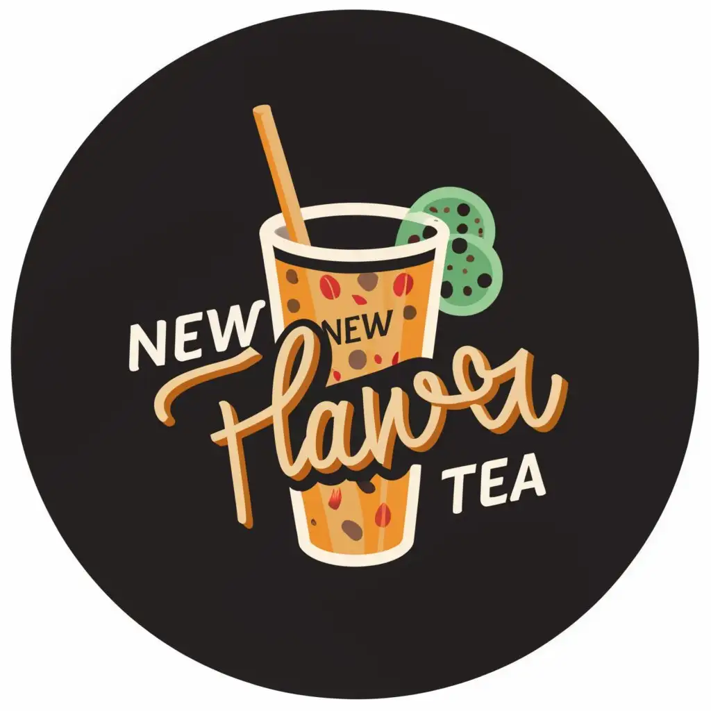 a logo design,with the text "New Flavor", main symbol:cocktail buble tea with peachy hues, which can be taken with you, is slanted and on a dark round background,Moderate,be used in Restaurant industry,clear background