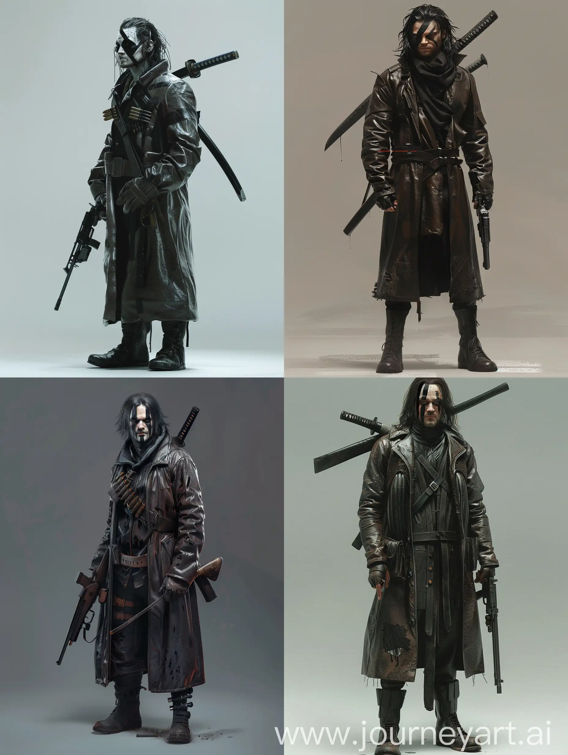 4k, as realistic as possible, as detailed as possible, good quality, the crow, Eric Draven, in a modern design, stands tall, with black stripes on his face near his mouth and eyes, a katana on his back, and a shotgun in his hands, dressed in a leather raincoat