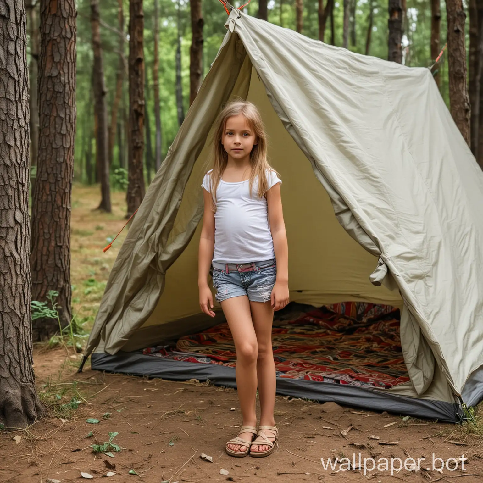 beautiful Russian girl 10-years-old near a tent, forest, people on the background, full length, dynamic poses, hiding from people, front view, dynamics, she is wearing only sandals