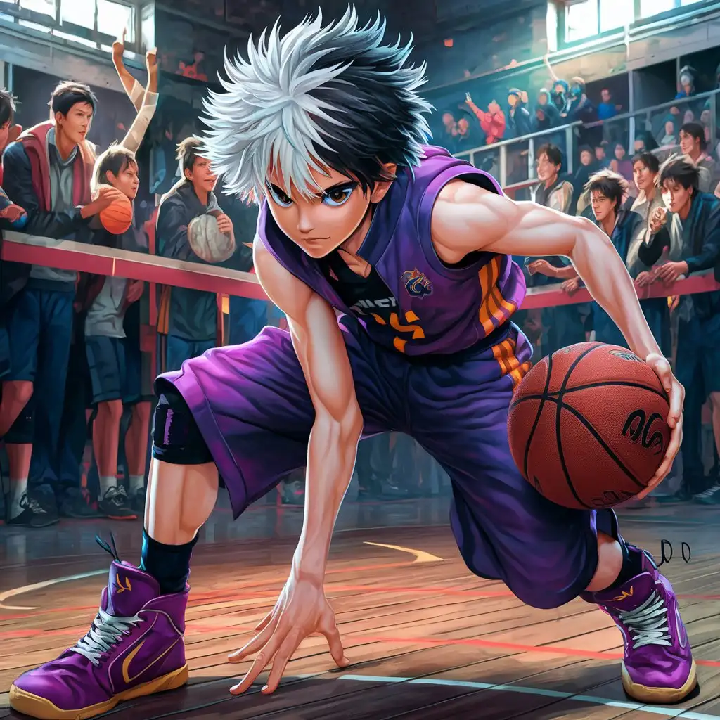 An anime character with white and black hair, wearing purple clothes and purple sneakers, holding a basketball in his hands on a basketball court