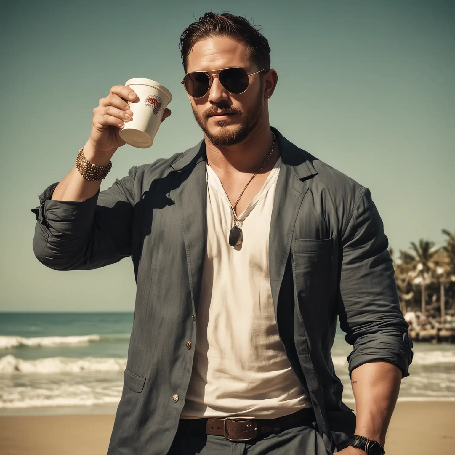 Tom Hardy, holding one cup in one hand, at the beach, wearing sunglasses, retro style artwork.
