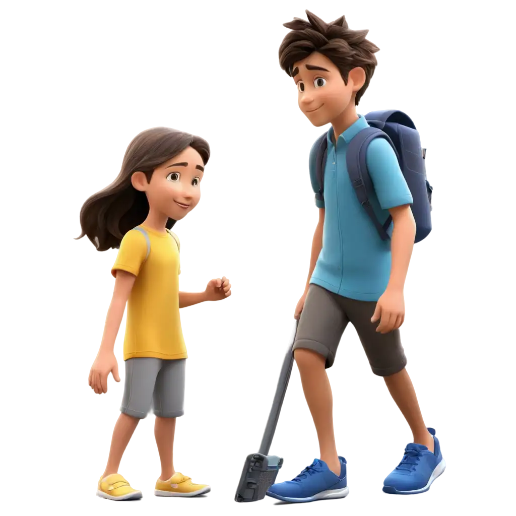 12 year old boy 3d cartoon image walking with his 7 year old sister inside their house