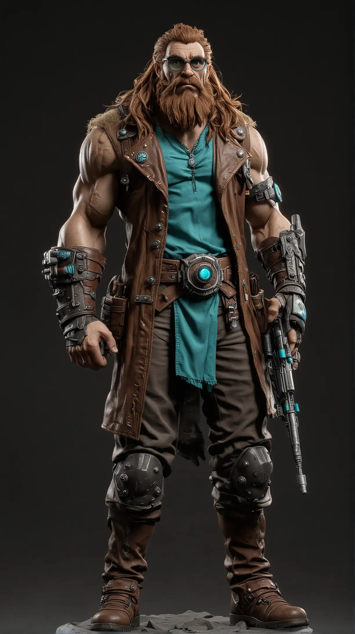 Male, giant, really long brown hair, cyan ogryn warhammer outfit, glasses, hero pose, black stage background, pixar themed, *show full body*, holding rocket launcher