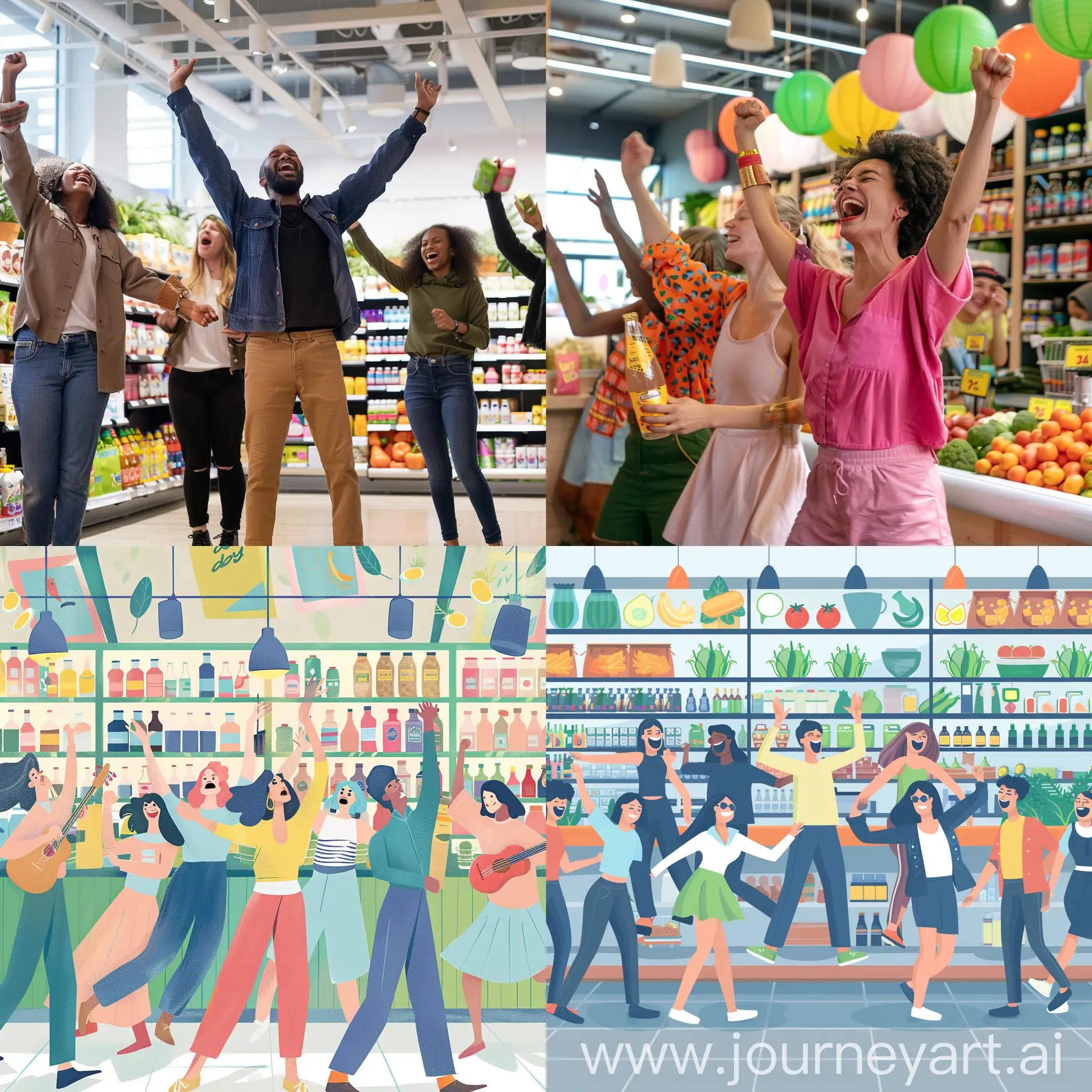 довольные покупатели поют и танцуют в экологичном продуктовом магазине "day by day"