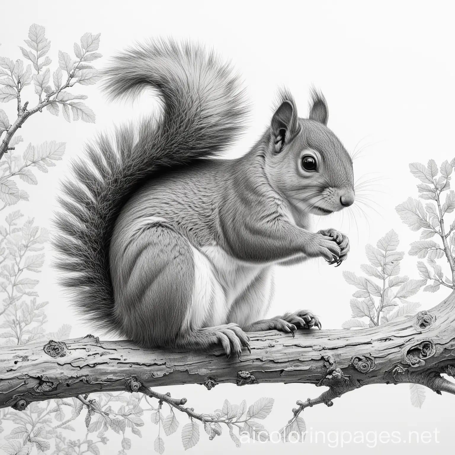 curious squirrel balancing on a branch coloring page for adults, Coloring Page, black and white, line art, white background, Simplicity, Ample White Space. The background of the coloring page is plain white to make it easy for young children to color within the lines. The outlines of all the subjects are easy to distinguish, making it simple for kids to color without too much difficulty
