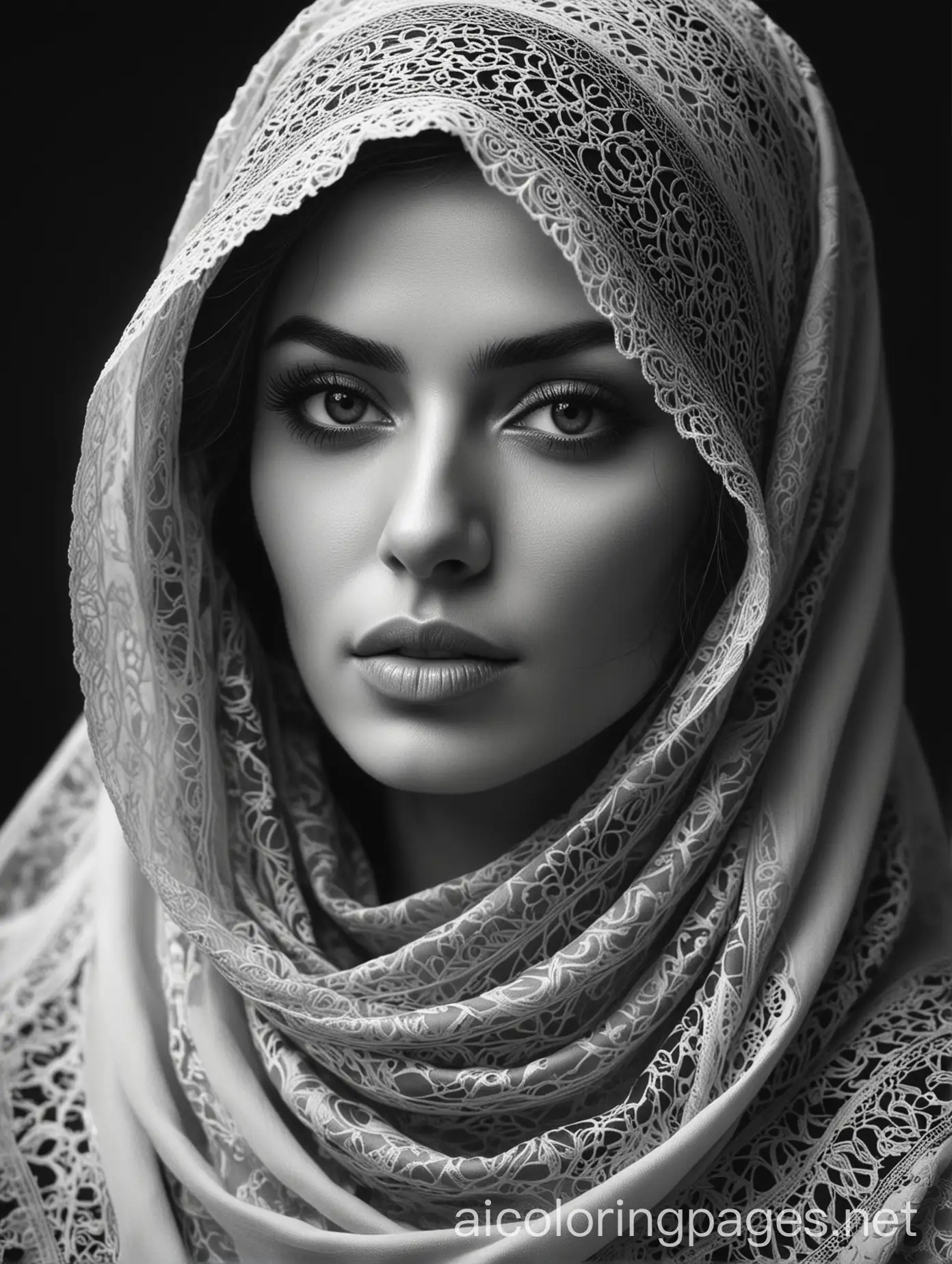 a black and white photo of a woman wearing a hat, beautiful artwork, veiled, beautiful art, beautiful woman, gorgeous art, gorgeous woman, beautiful burqa's woman, arabian art, beautiful arab woman, monochromatic airbrush painting, arabian beauty, beautiful and mysterious, black & white art, stunning artwork, elegant woman, mysterious woman, painting of beautiful, Coloring Page, black and white, line art, white background, Simplicity, Ample White Space. The background of the coloring page is plain white to make it easy for young children to color within the lines. The outlines of all the subjects are easy to distinguish, making it simple for kids to color without too much difficulty