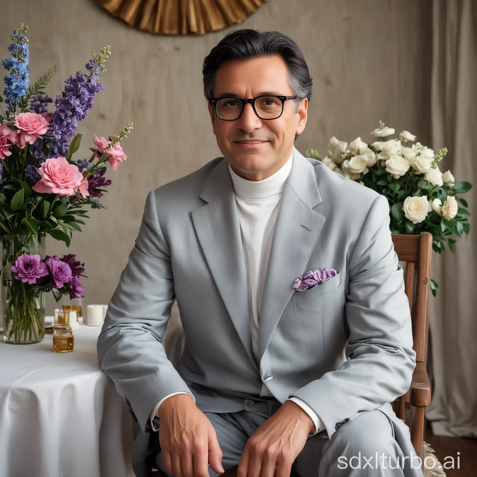 Create an image of a middle-aged man sitting on a chair. The man is wearing a grey suit and a white turtleneck shirt. He has black-framed glasses and neatly combed black hair. The man has a calm expression and a slight smile. In the background, there is a table with a white tablecloth and a floral arrangement featuring light blue and purple flowers. The room has wooden walls and several chairs with white covers and gold sashes.