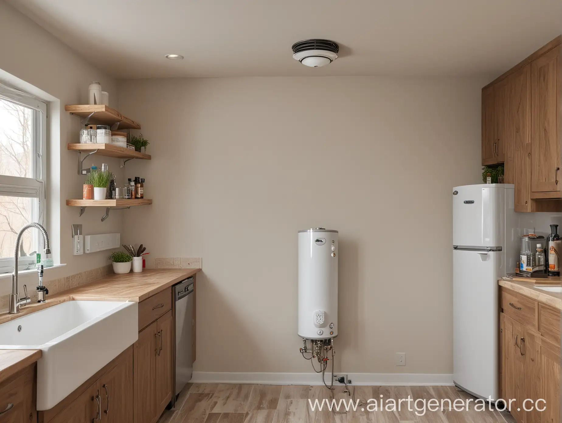A water heater package that is installed on the modern kitchen wall and can be seen from far away.
