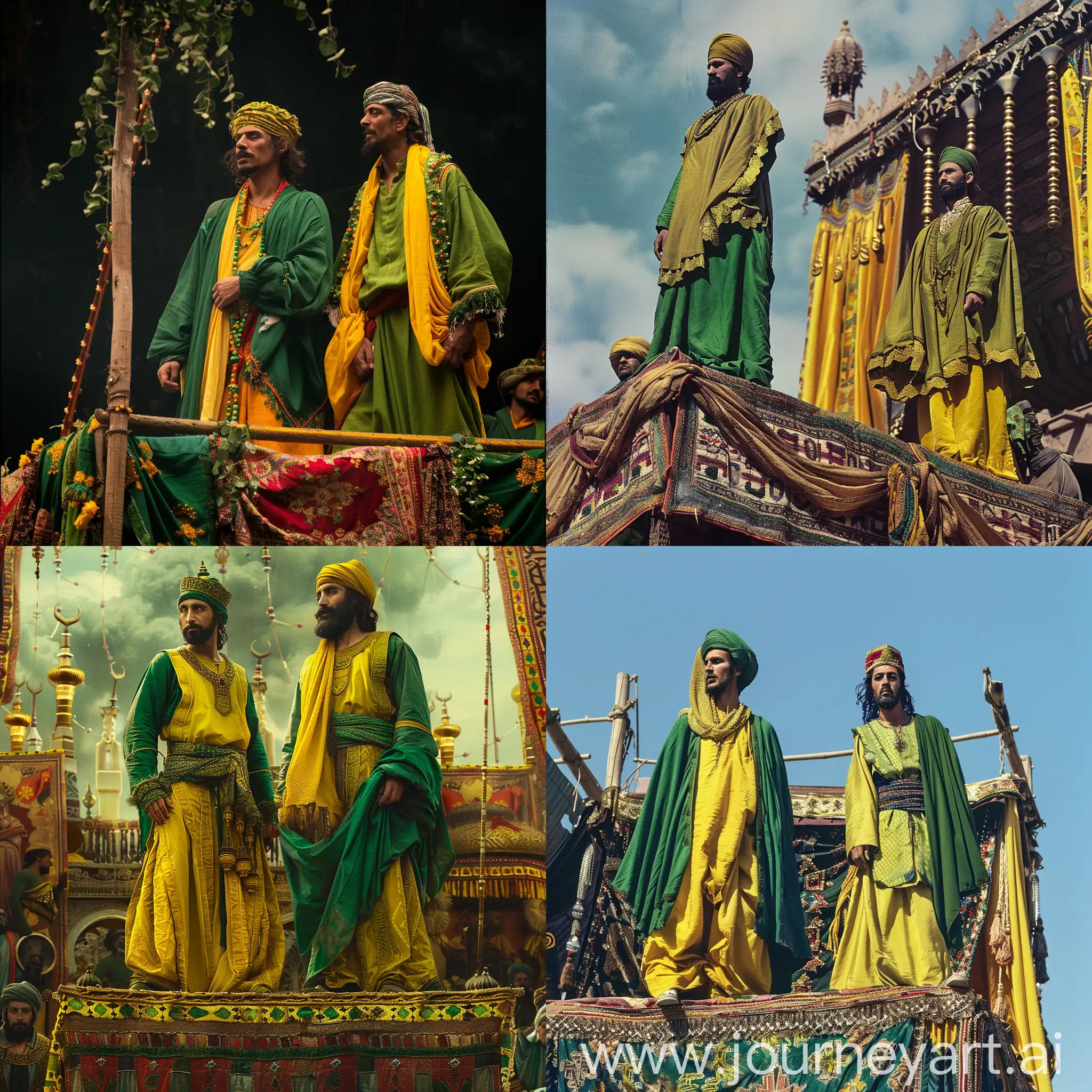 The image depicts a vibrant and celebratory scene inspired by the historic event of Ghadir Khumm. Two men, dressed in green and yellow robes, stand on a richly decorated platform. One man, wearing a yellow robe with a green scarf, raises the hand of the other man, who is dressed in a green robe with a white headscarf. The platform is adorned with colorful patterns and is elevated above a crowd of people. The crowd, dressed in various traditional garments, looks up towards the two men in admiration and celebration. The sky is clear blue with a few white clouds and birds flying, adding to the festive and joyful atmosphere of the scene. The overall mood is one of unity, celebration, and historical significance.