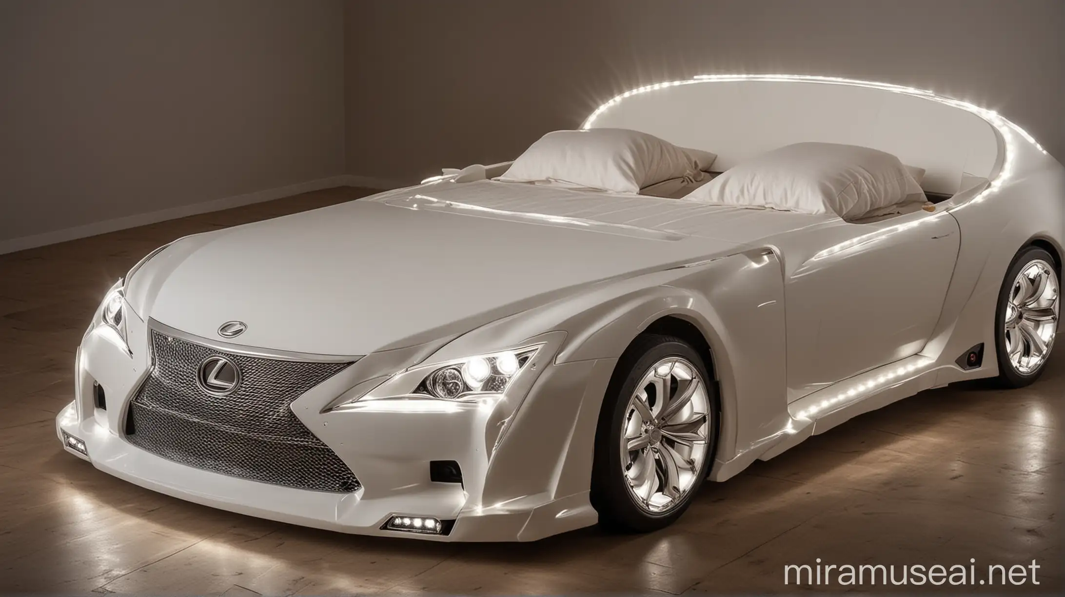 Luxurious Double Bed Shaped Like a Lexus Car with Illuminated Headlights