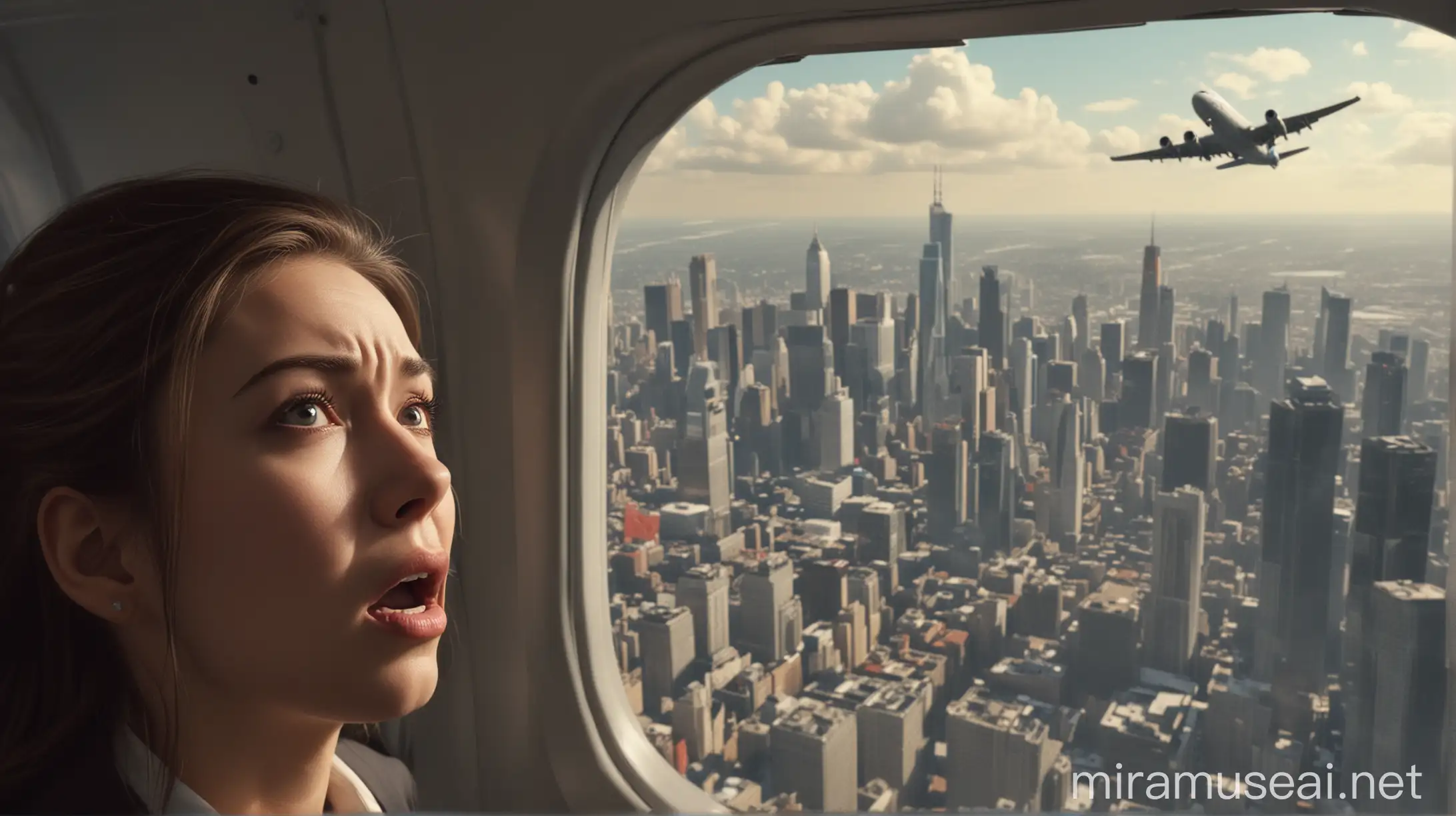 In the foreground, a woman looks out of the airplane window with a terrified expression. In the background ,airplanes are flying at low altitude among the skyscrapers of a big city, maneuvering in a restricted airspace. Realistic