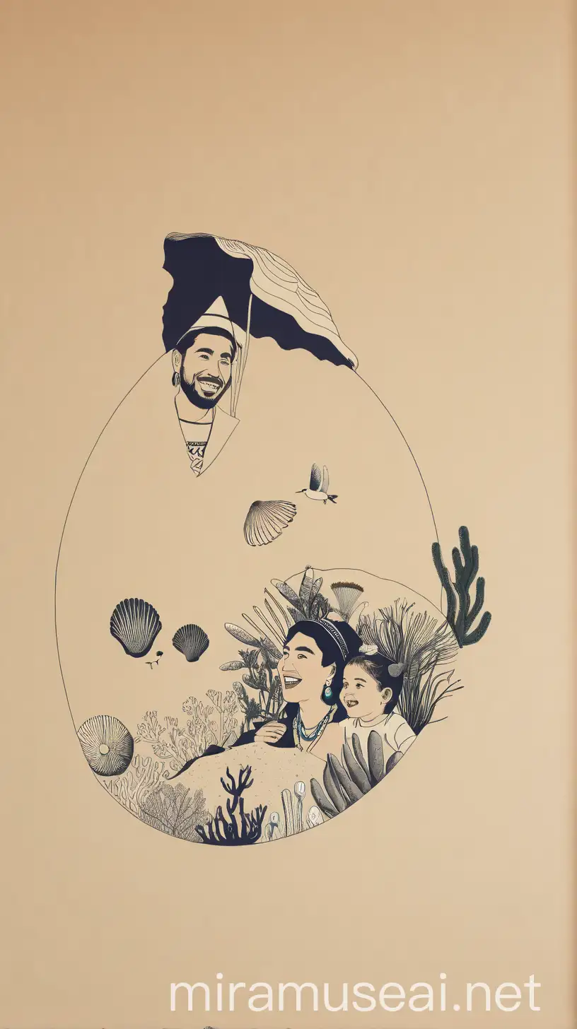 Make an illustration with ink. Refined lines that show suggestively  a  shell cave in which people and creatures live. Inside of the cave we can see (from far ) a young european man (short dark hair, small beard, native american clothes )  moving theatrically while storytelling  next to a woman who's playing hide and seek with a frida khalo face and body and shells in her long hair . Around this man and this woman Show  a big circle of 20 toddlers laughing and being captivated by the storytelling (girls and boys).  show the toddlers smiling and listening to the passionate storytelling of the man and woman . Show in the background underwater sound waves and  plants (coral, seaweed ) .  Add a tiny amount of blue at one specific part of the drawing. this illustration  is a poster for   a SOUND journey show. so keep the visual style abstract and minimalistic 