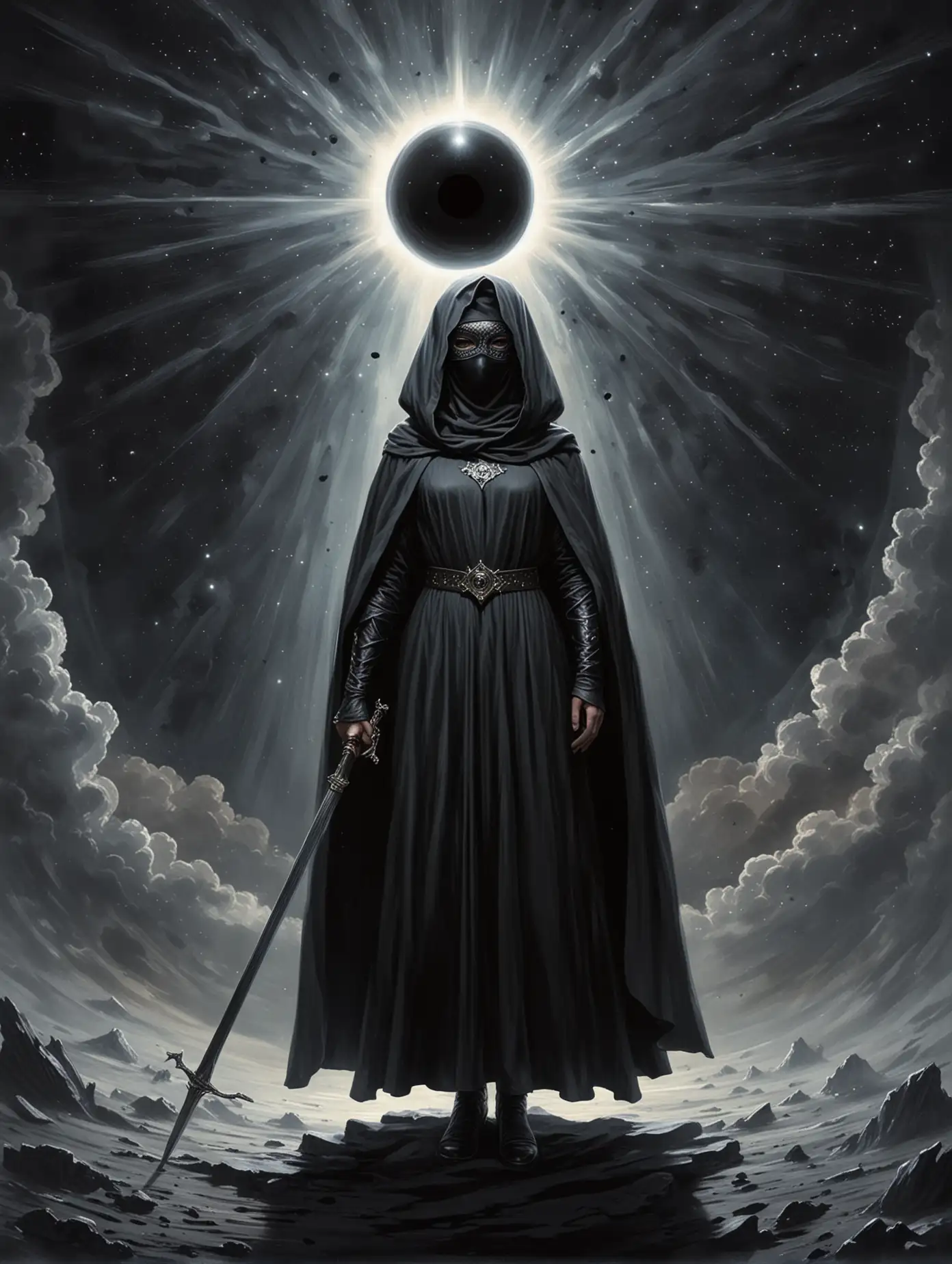 Cosmic-Priestess-Sister-Geherrit-Stands-at-the-Edge-of-a-Black-Hole-with-a-DiscCrown-and-Sword