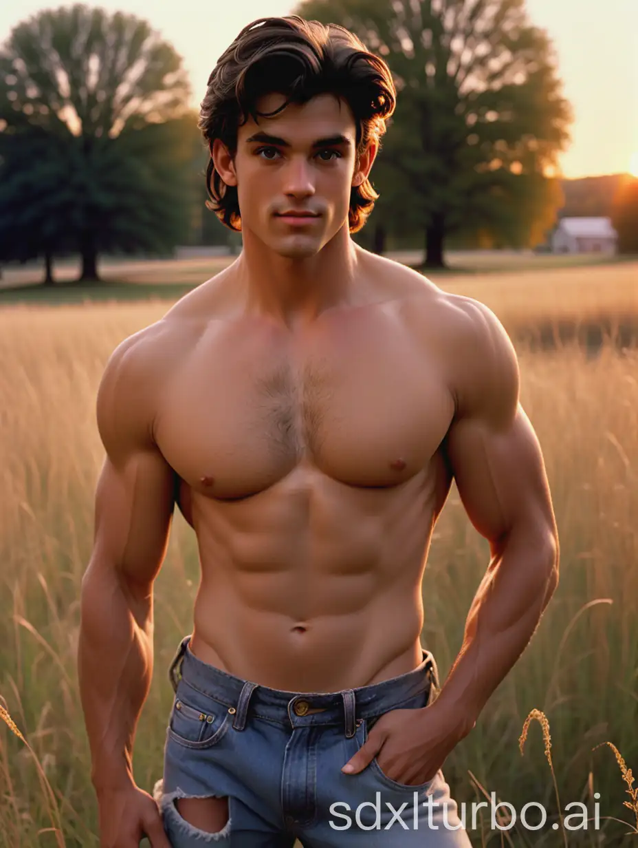 youthful fit and built Adonis-like Disney’s Gaston, with hairy chest and eight pack abs shirtless in vintage ripped jeans, in a midwestern meadow during fall at sunset, vibrant volumetric lighting on face and eyes, medium upper body shot, 16k, very high quality, very high resolution, 35mm camera, Adonis, nsfw, face and upper body portrait by Bruce Weber,