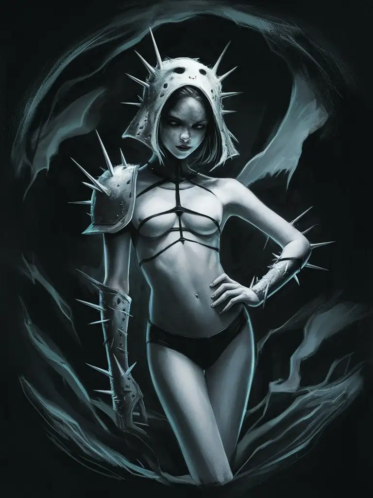 art, ethereal girl, poses in dark ghostly armor, half-naked, armor with spikes, bold lines, dark fantasy, abstract