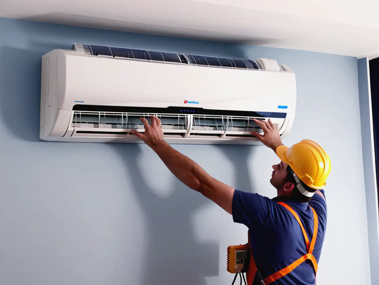I need image of indoor split AC Installation Services with worker and  I need  good visibility