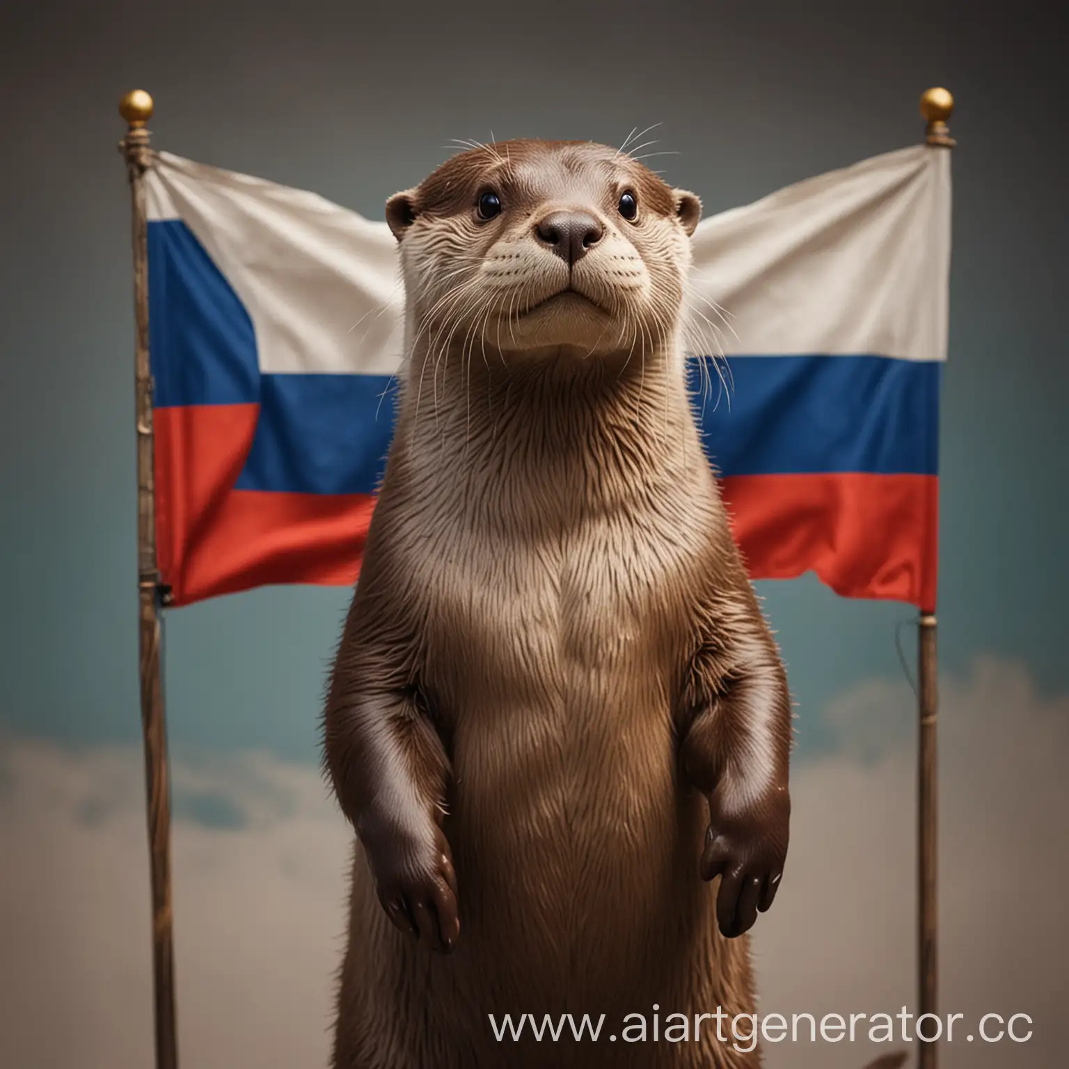 Выдра стоит на фоне русского флага