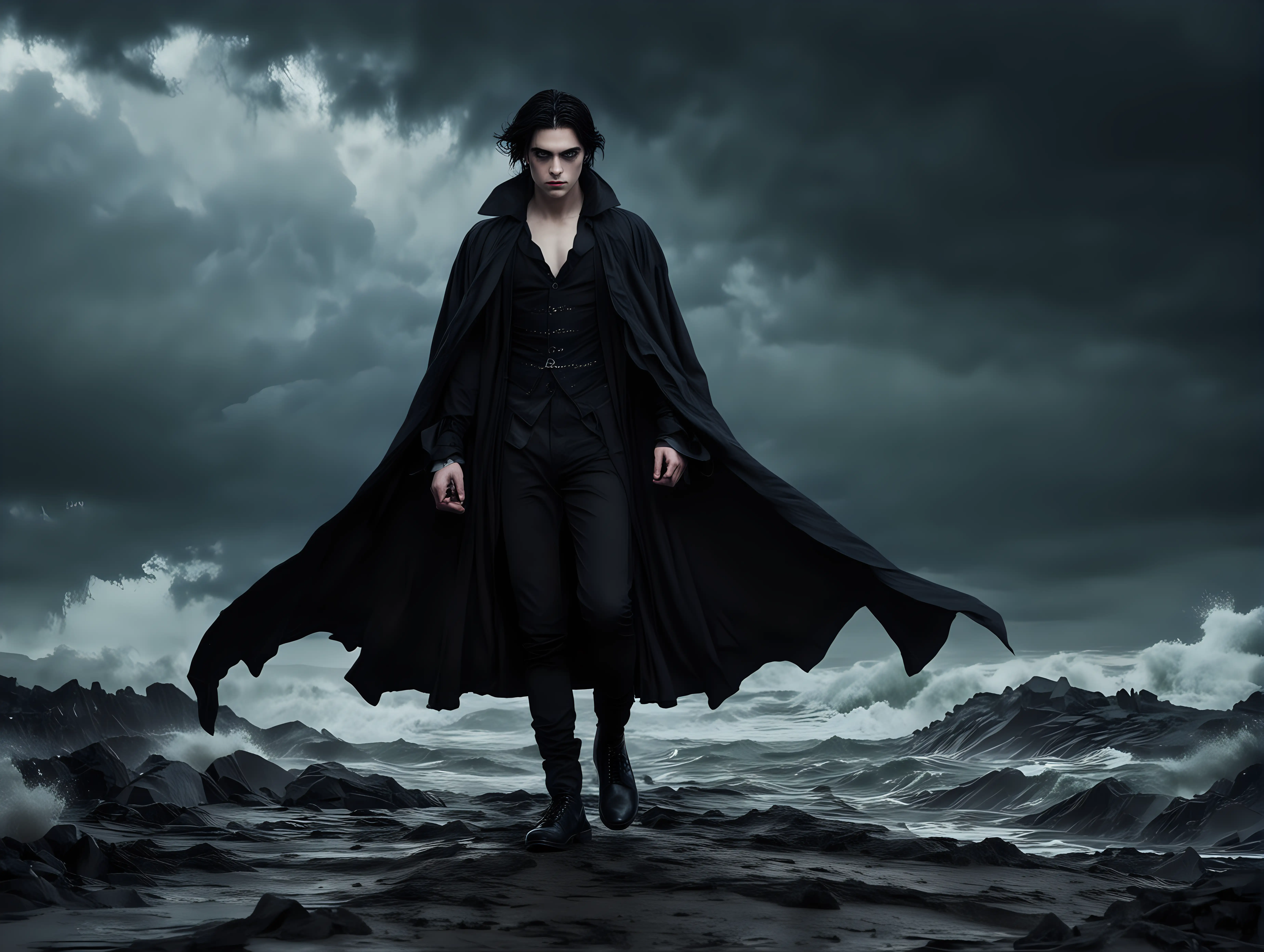 A_young_vampire_in_a_black_cloak_and_black_shoes_with_black_hair_blue_eyes_against_the_backdrop_of_a_storm__