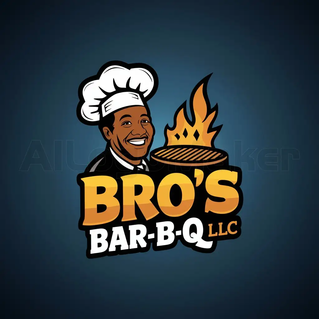 LOGO-Design-For-Bros-BarBQ-LLC-Iconic-Black-Man-Grill-on-Blue-Background-for-Food-Industry