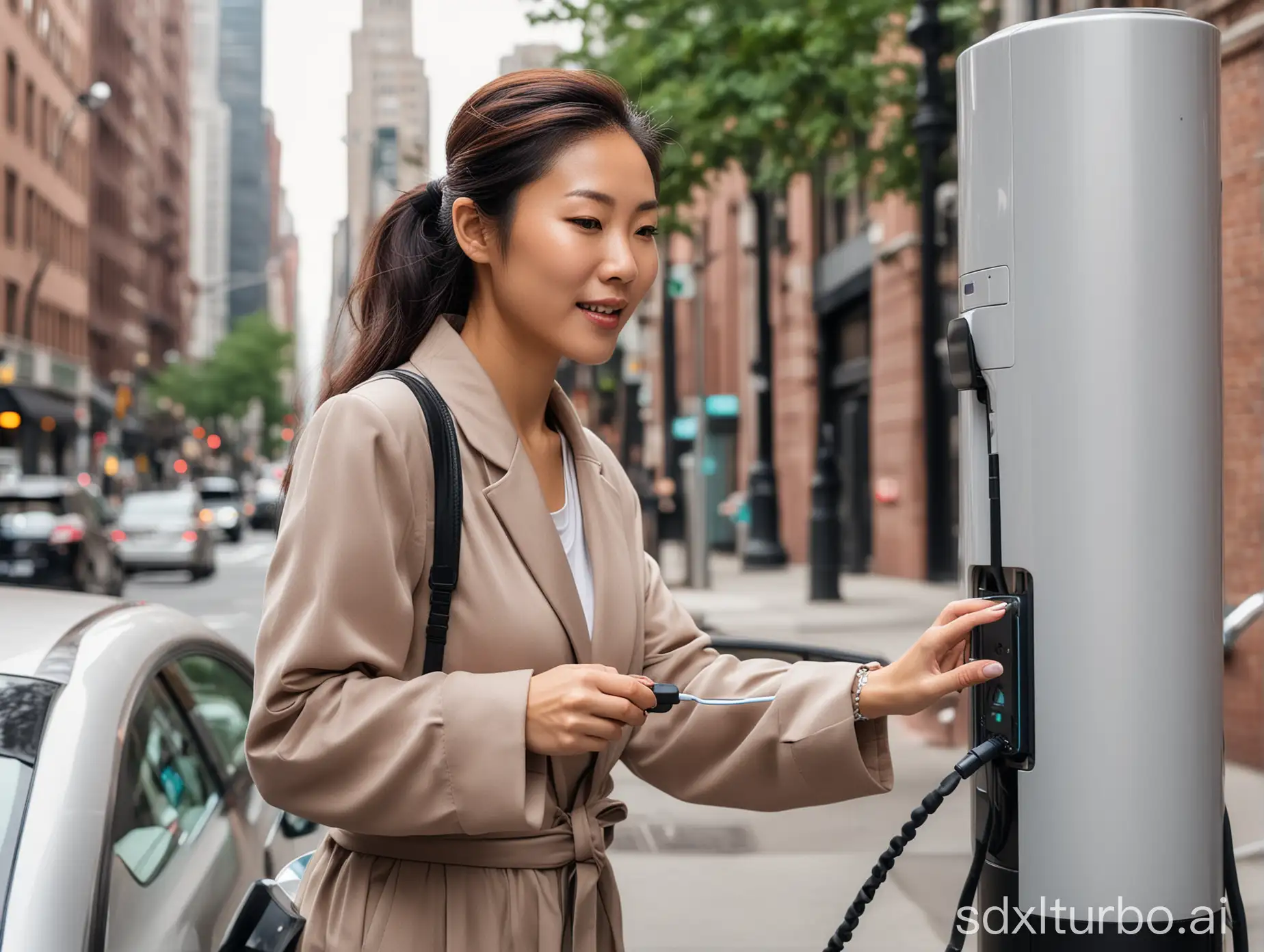 A beautiful, stylishly dressed blind asian woman  plugs an EV Charging cable into an EV Charger mounted on a NYC streetlamp.