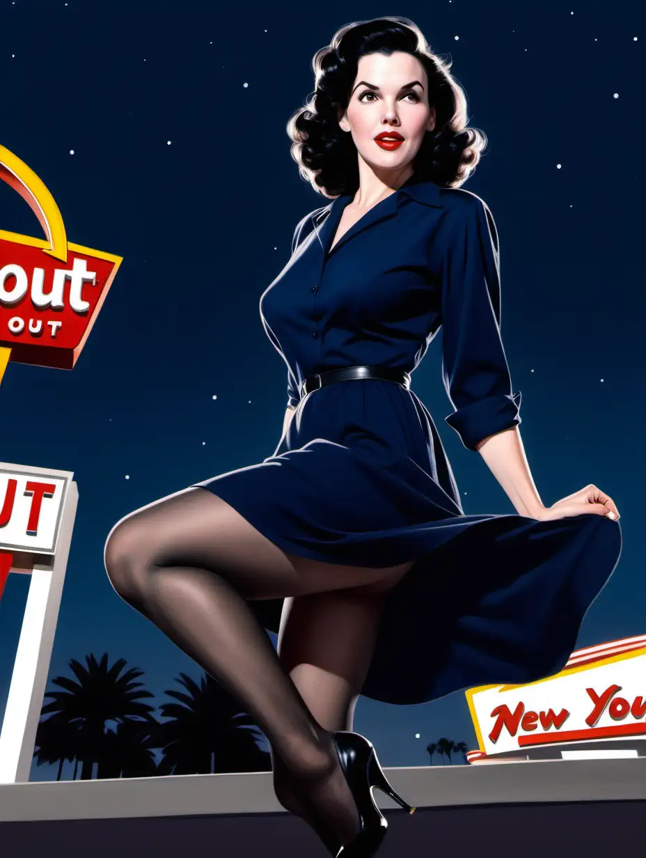 Curvy Woman in 1950s Navy Shirtdress Strikes Pose at InNOut