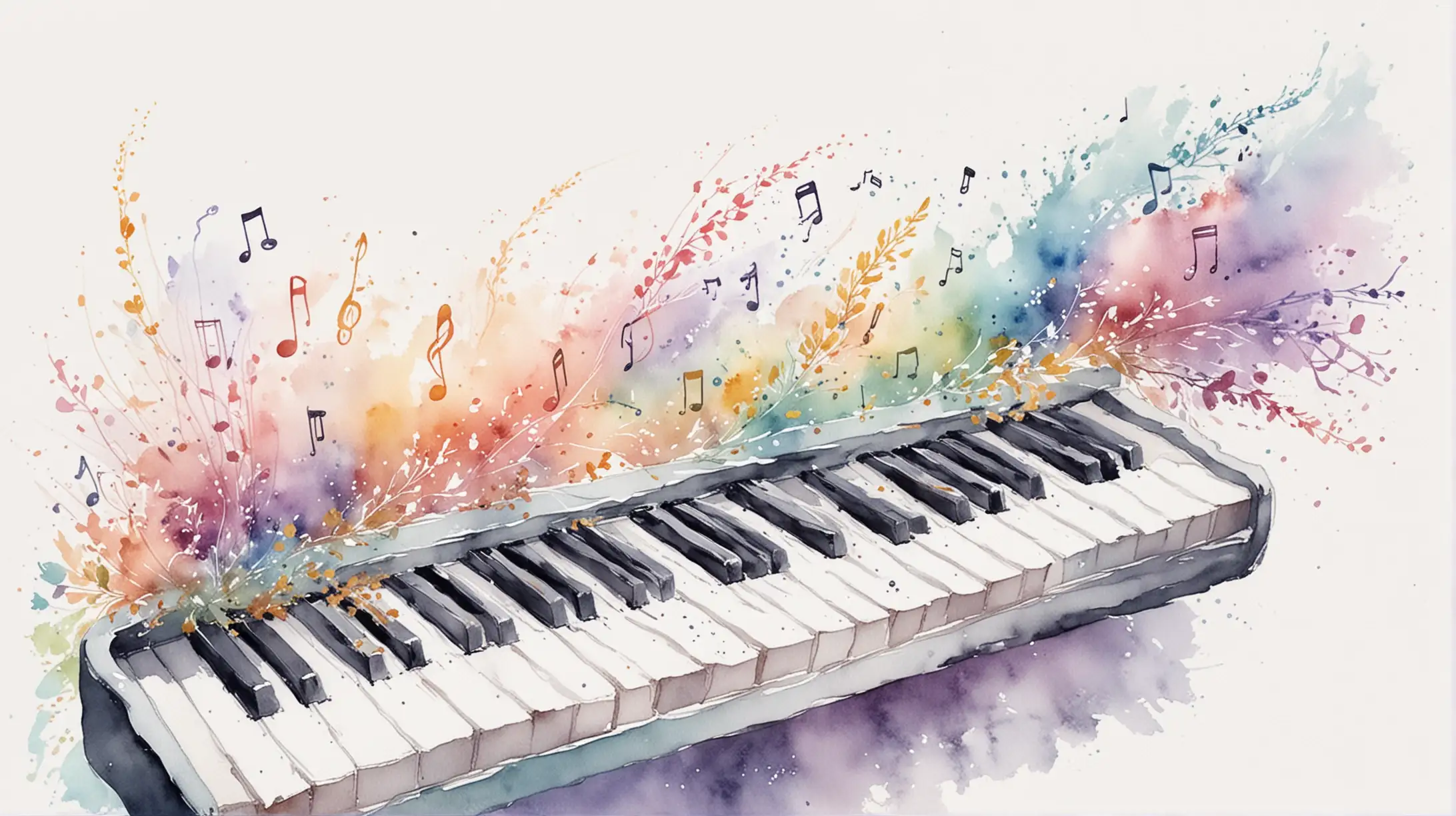 на белом фоне нарисовано акварелью,  красивые нежные пастельные оттенки, вертикально музыкальные клавиши, нотный стан, музыка, полет, ветер, фентези, вдохновение,  мечта, весна
