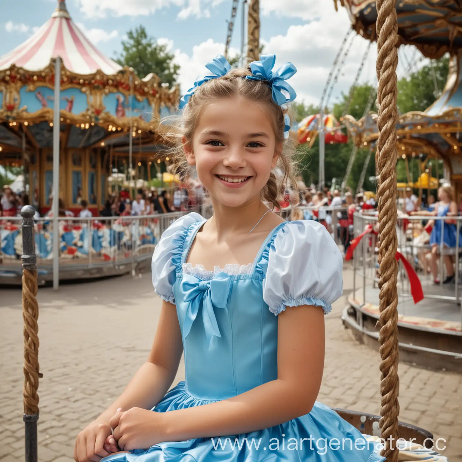 Реальная фотография. Девочка 12 лет катается на каруселях в парке аттракционов. Лето. На девочке синее платье и ленточки в волосах. Девочка улыбается.