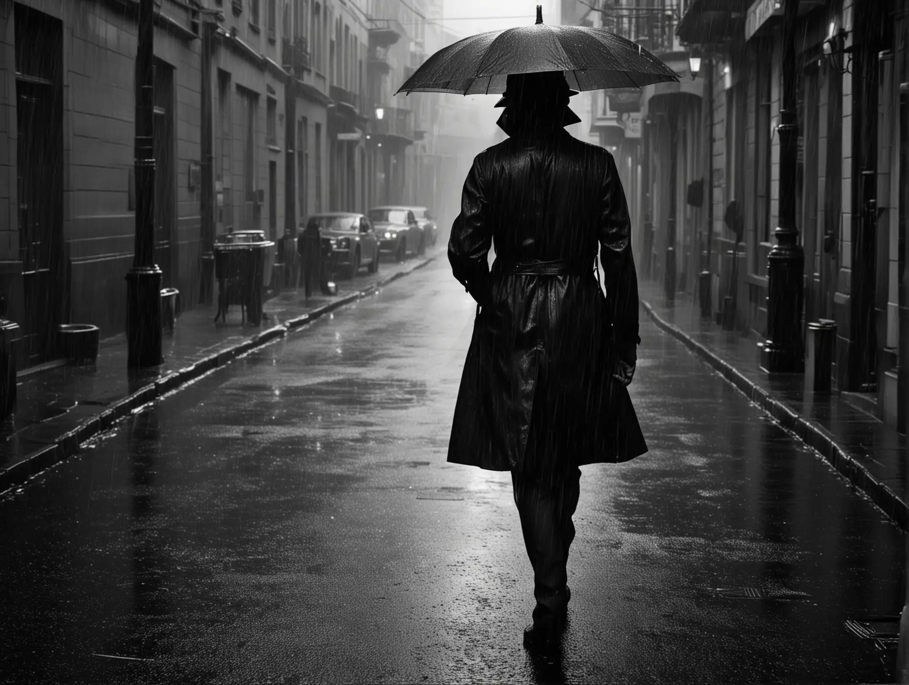 Mysterious Killer in the Rain Capturing Noir Chiaroscuro Style