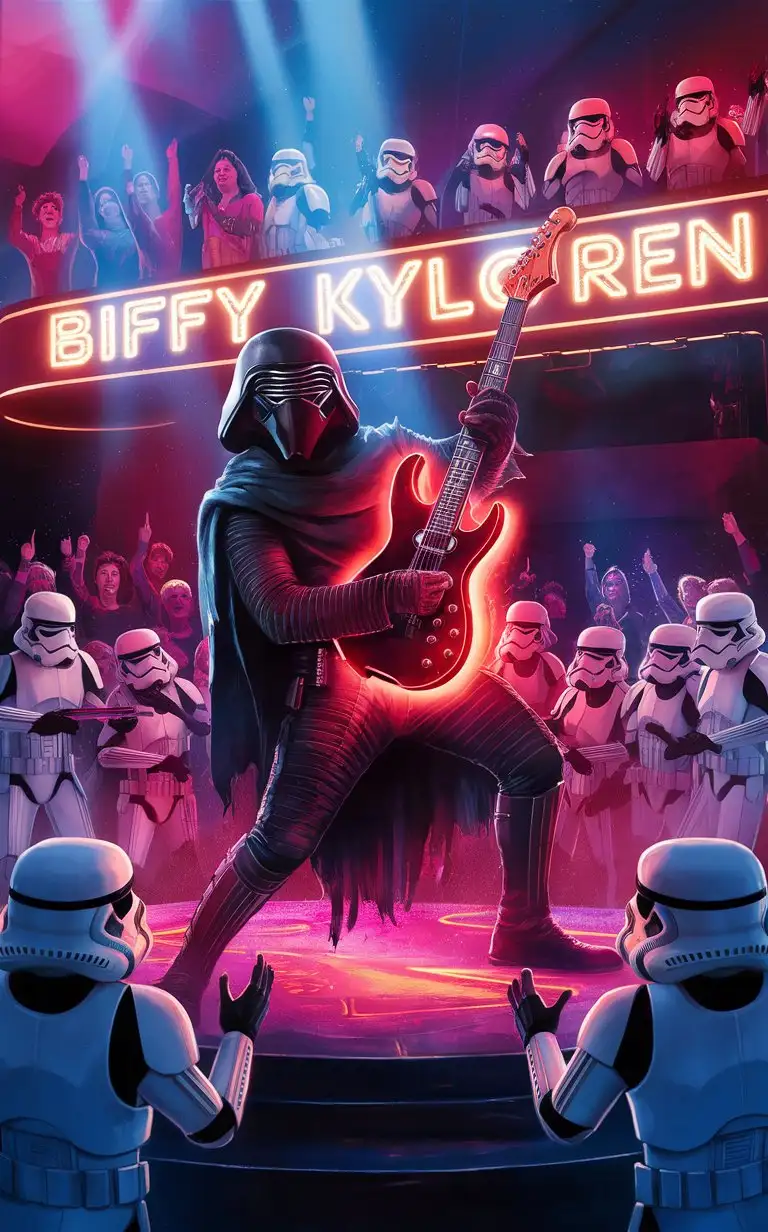 Kylo ren as a musician on stage Playing a glowing red guitar, audience of cheering stormtroopers dancing to the music, the words “Biffy Kylo Ren” are in lights on a sign above the stage, electric, ecstasy