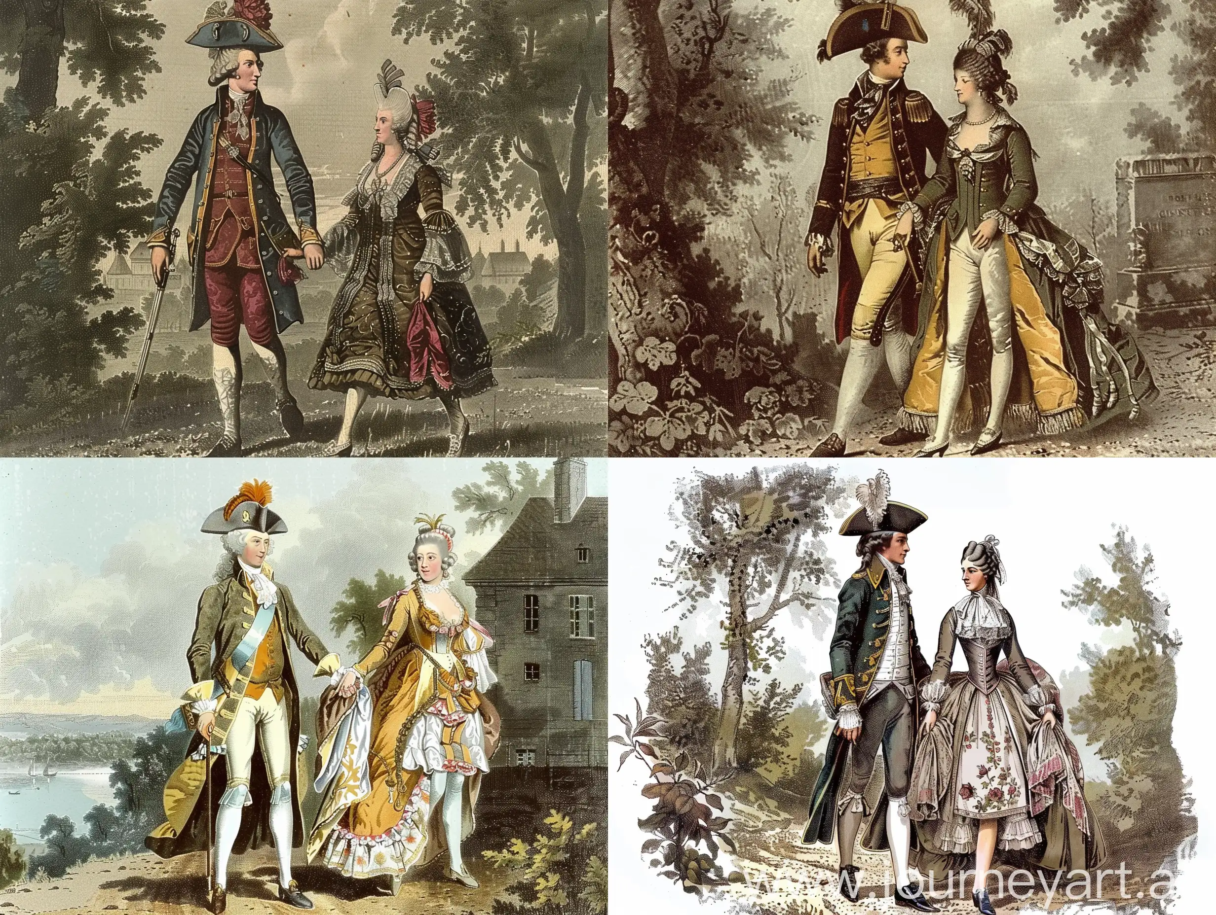 a 1798 French general and his wife walking together, both wearing fashions of late 1790s