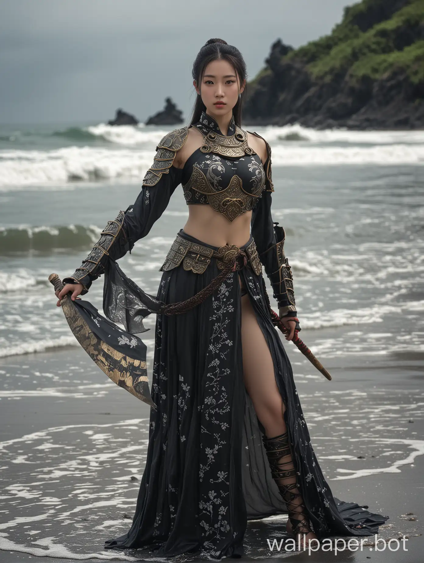 Wuxia warrior princess posing heroically at black sand beach she’s wearing an elegant two piece swimming outfit plate armor art house film still ar style