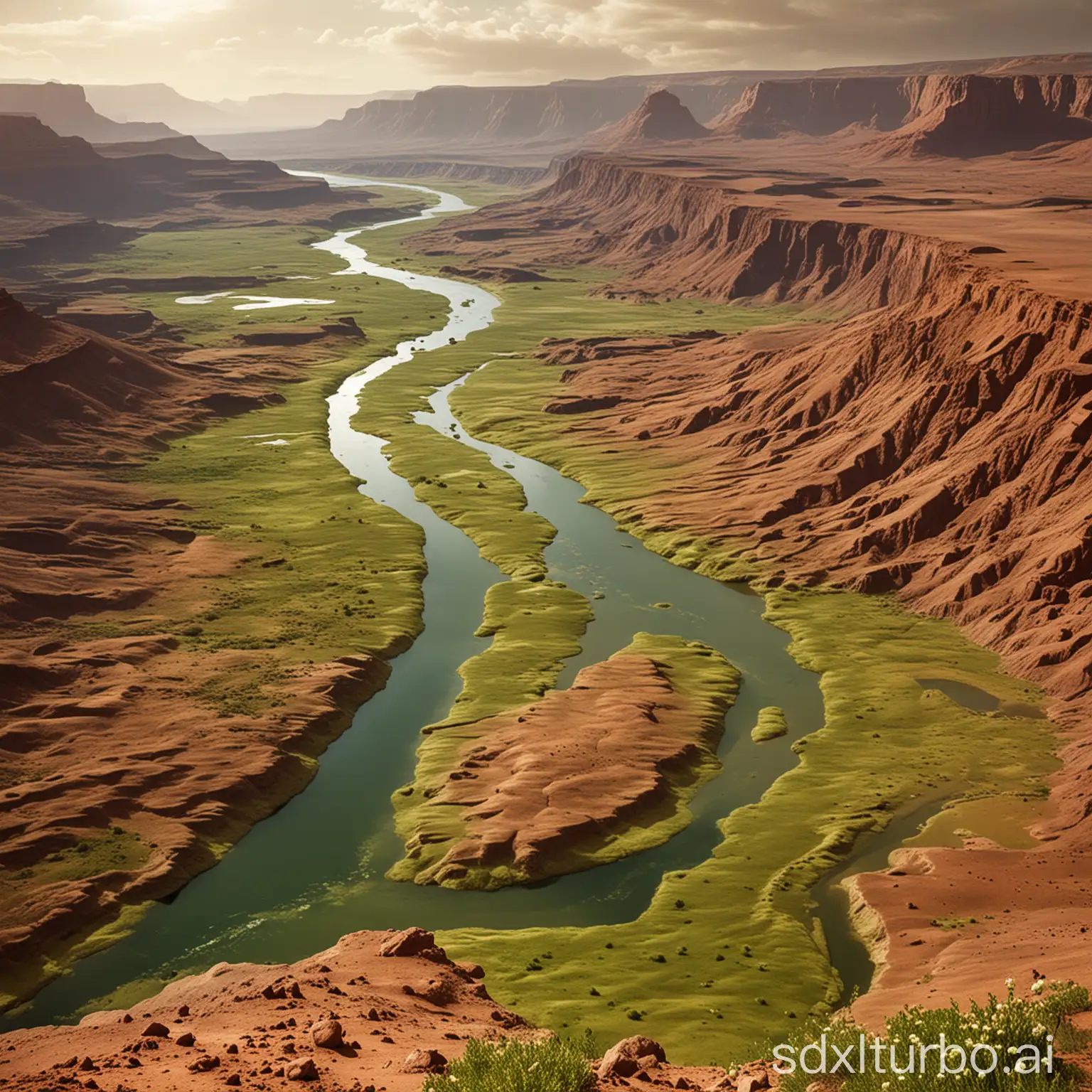 A landscape on Mars, but greened by terraforming, with rivers, trees, and plants