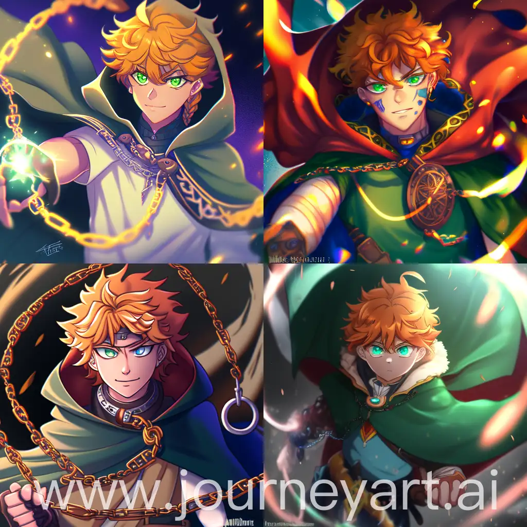 male teenager, dnd, sorcerer, orange curly hair, blue eyes, green cloak, viking face tattos ,long drop chain earrings