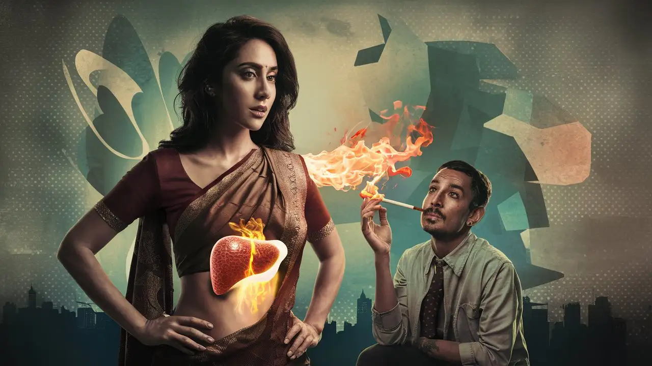 The indian women's liver is on fire and a man is lighting his cigarette with the fire
