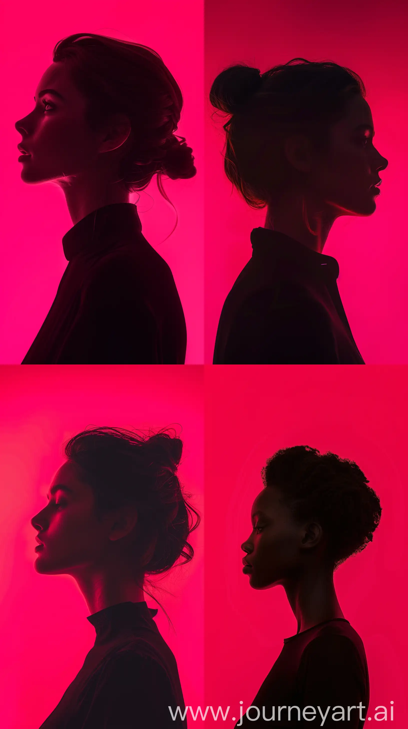 photography, portrait of contrast, profile silhouette of a woman, vibrant hot pink backdrop, visualize using a camera setup that mimics a large aperture, focusing solely on the silhouette's edge, while a low ISO maintains the richness of color without grain, photorealistic, UHD --ar 9:16 --chaos 1.7 --style raw