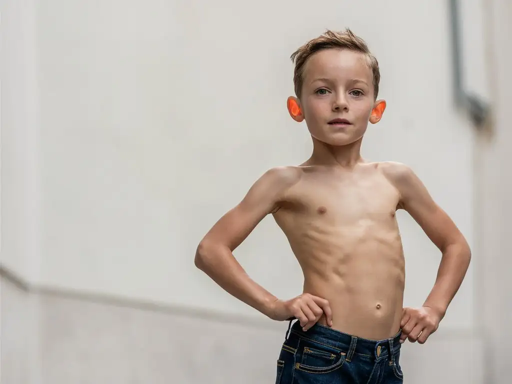 European boy 10 years old, standing straight without a T-shirt in jeans, white background around, photo, close-up, cropping without a face