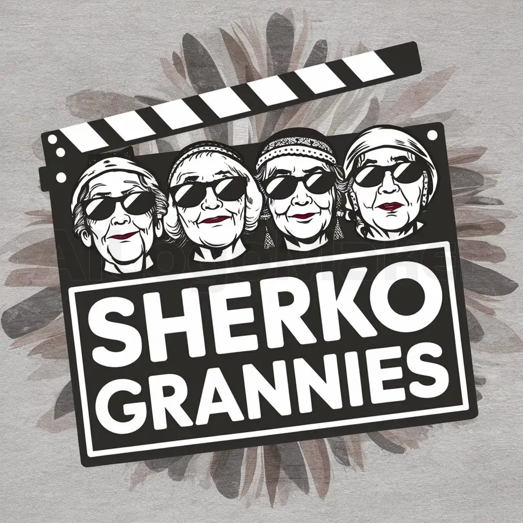 a logo design,with the text 'SHERKO GRANNIES', main symbol:4 different old jewish grannies with headcovers and sunglasses, in film clapper, in paul klee vibe,complex,clear background