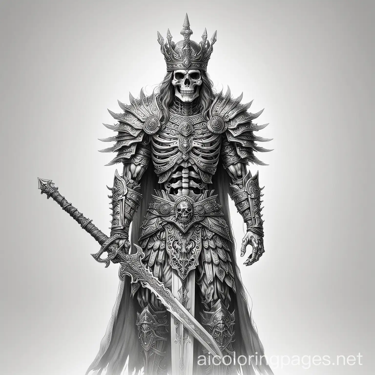 skeleton king warrior sword, Coloring Page, black and white, line art, white background, Simplicity, Ample White Space. The background of the coloring page is plain white to make it easy for young children to color within the lines. The outlines of all the subjects are easy to distinguish, making it simple for kids to color without too much difficulty