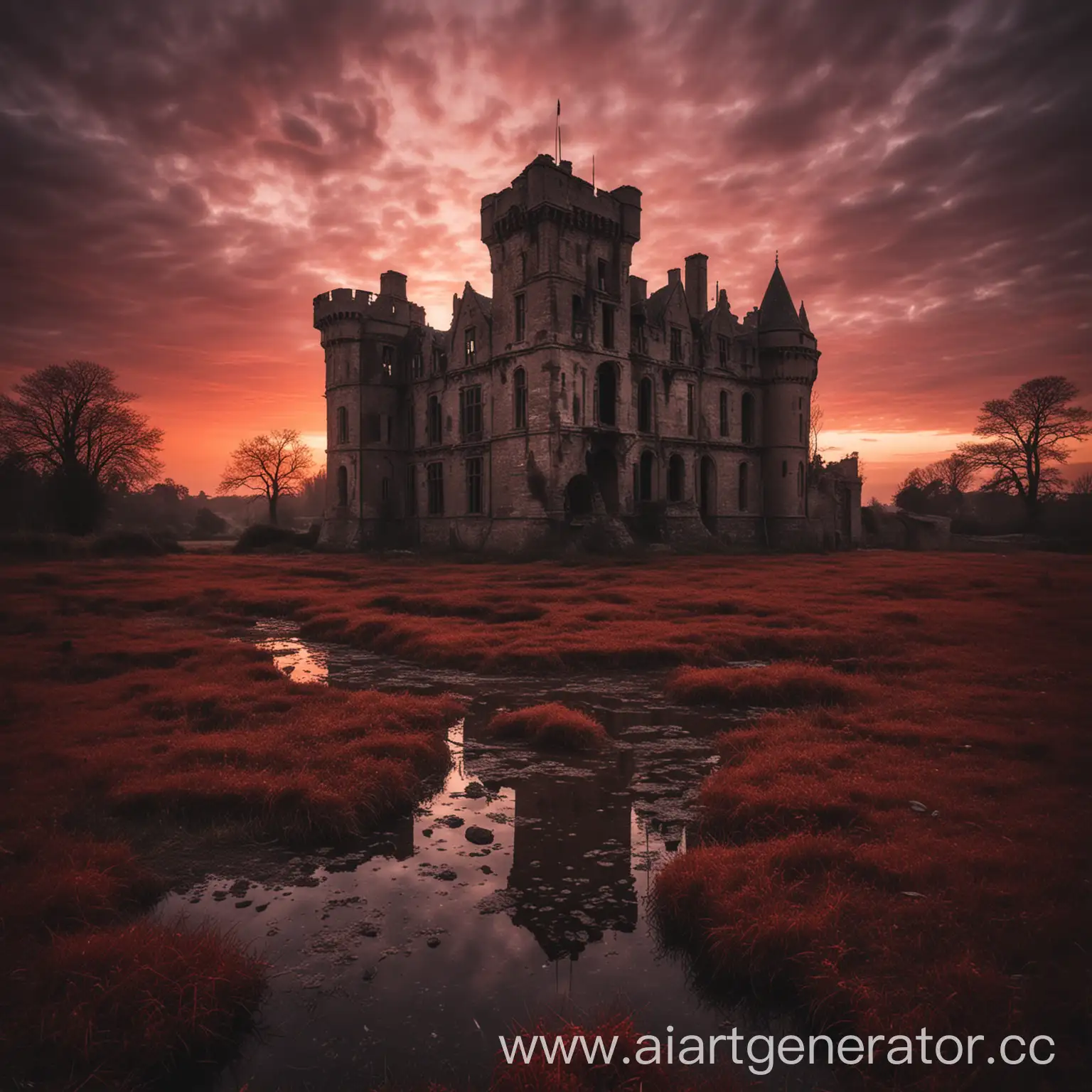 старый заброшенный замок, жуткая атмосфера, вечер, кроваво-красный закат, Англия
