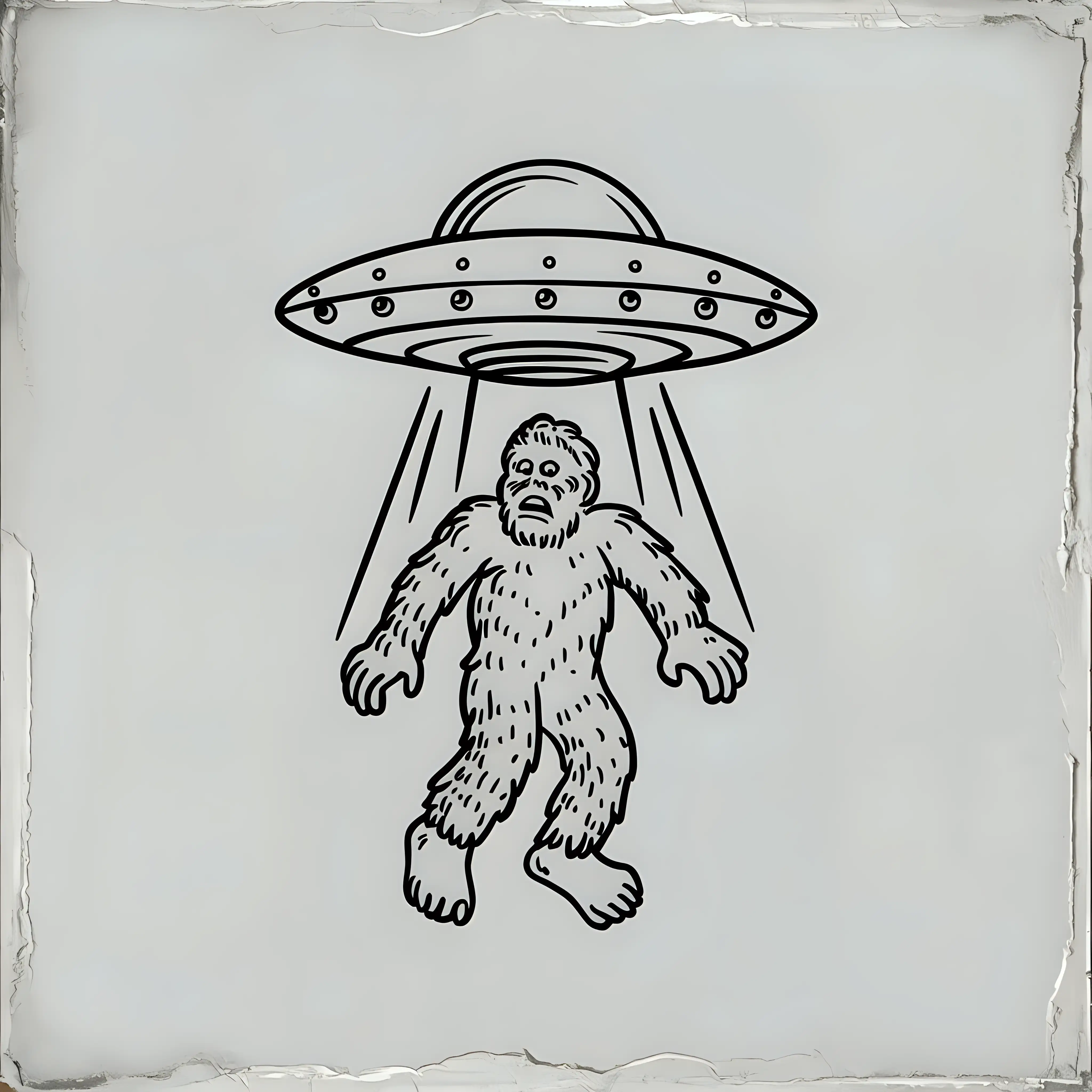 big foot inducted by ufo plate on fine line simple art vintage on white background