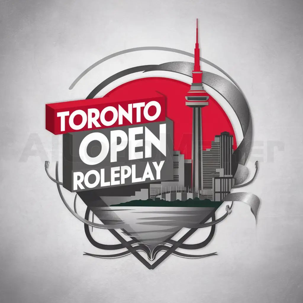 a logo design,with the text "Toronto Open Roleplay", main symbol: Colors: Red, Grey, and White
Elements to Include: City Background, incorporate a recognizable cityscape of Toronto including iconic buildings like the CN Tower, Lake in the foreground representing Lake Ontario
Roleplay Theme: Subtly hint at roleplaying through creative elements that symbolize storytelling or community engagement
Typography: Use a bold and modern font for the text "Toronto Open Roleplay" that complements the overall design
Style: Clean, contemporary, visually striking, balanced use of specified colors,Moderate,be used in 0 industry,clear background