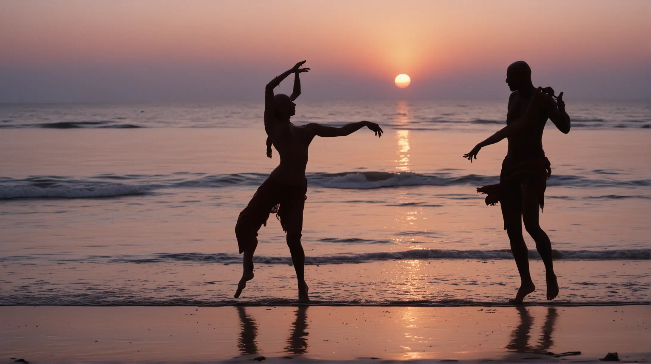 silhouettes of man and women dancing on an exotic beach at dusk, one of the men is bald