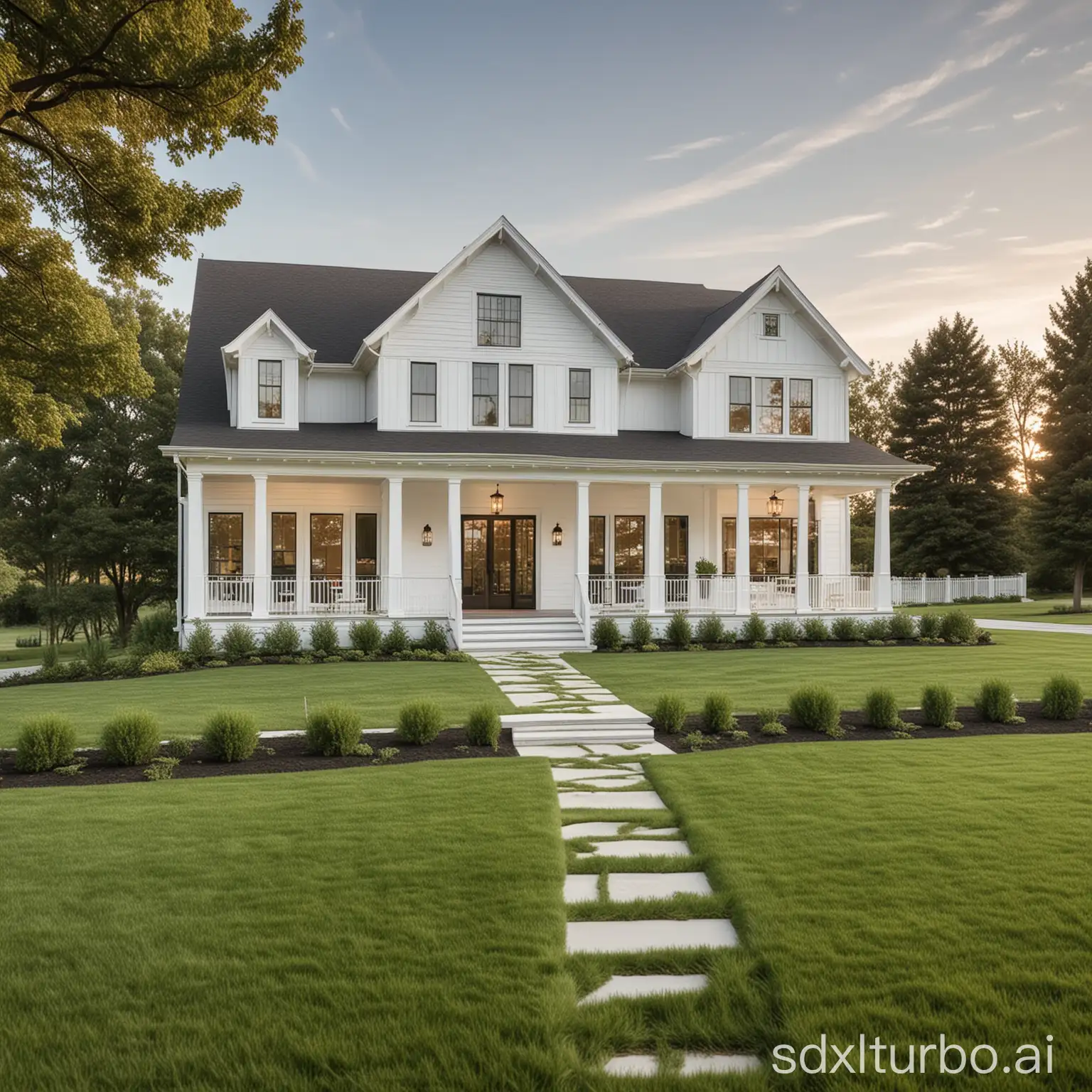 a modern American farmhouse-style villa, with a lush green lawn